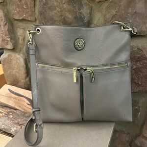 Anne Klein Taupe Gray Pebbled Leather Crossbody with Gold Hardware
